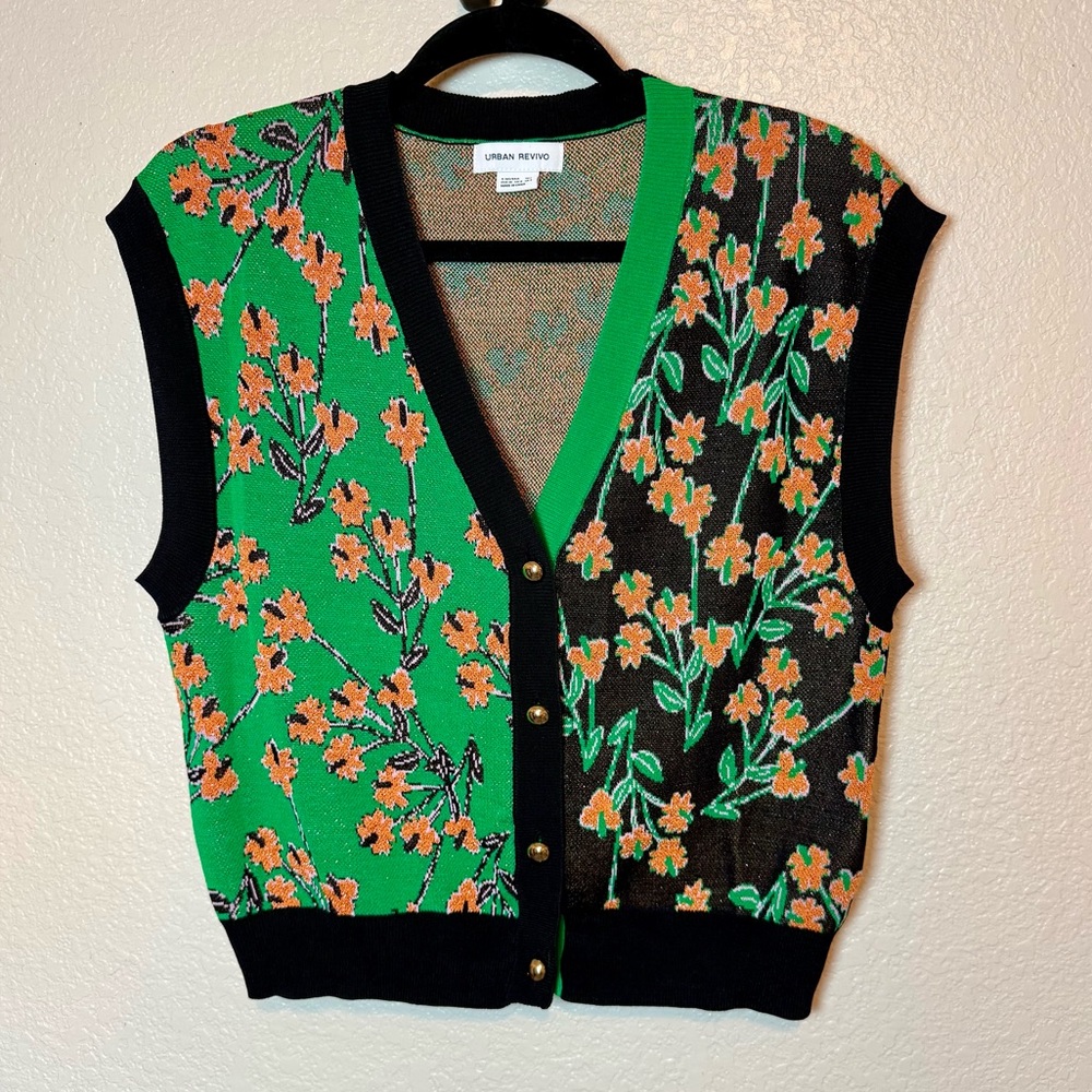 Urban Revivo Color Block Floral Sweater Vest Green Black Sparkly Size 4 - Picture 9 of 13